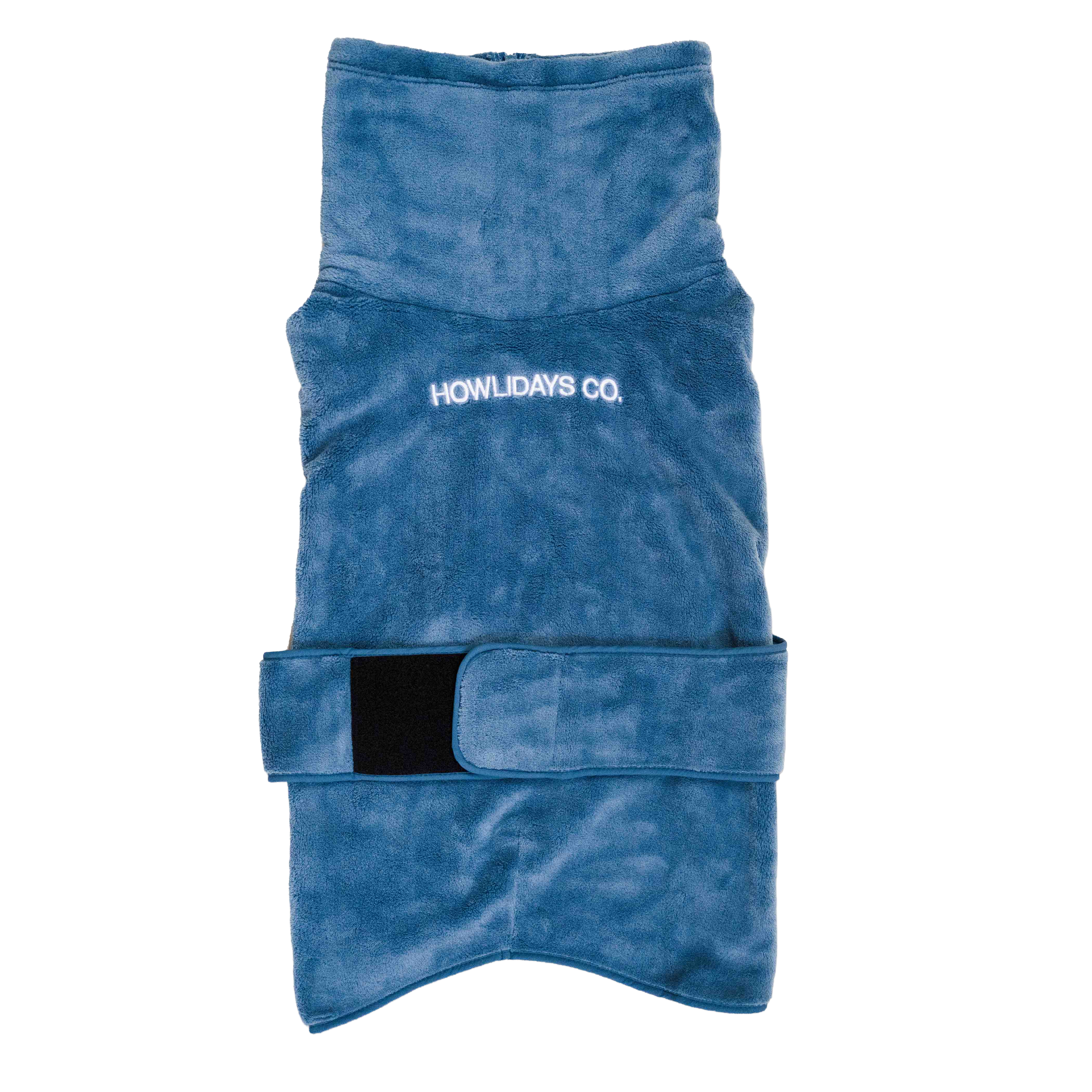 Back view of an outdoor adventure dog fleece coat, showing full rear coverage and an adjustable strap system for a secure and snug fit.