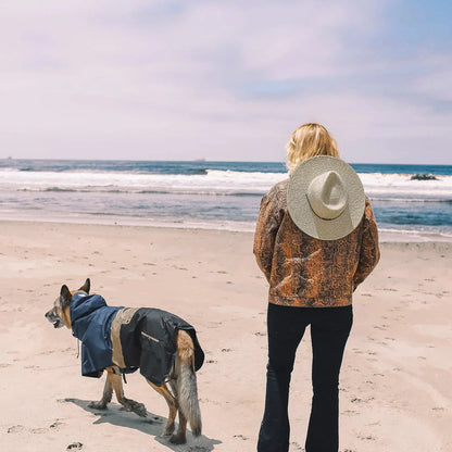 Cão com poncho impermeável Baja Coastline na praia com o seu tutor, a contemplar o oceano, pronto para qualquer aventura costeira.