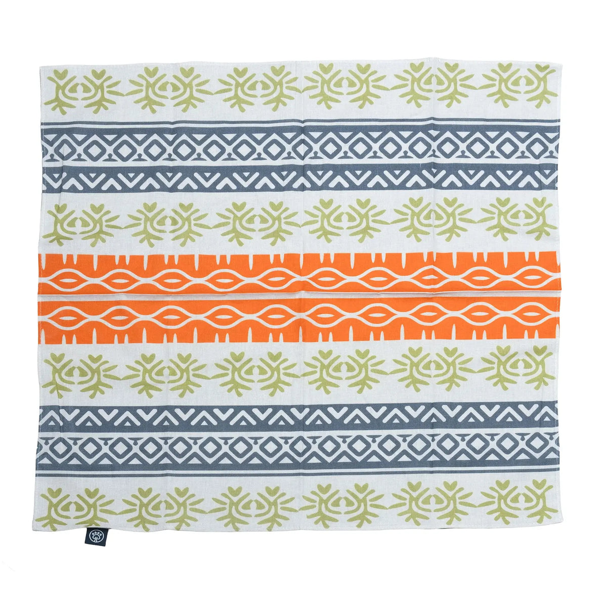 A Palo Verde Dog Bandana estendida, mostrando riscas estampadas em verde, azul-marinho e laranja.