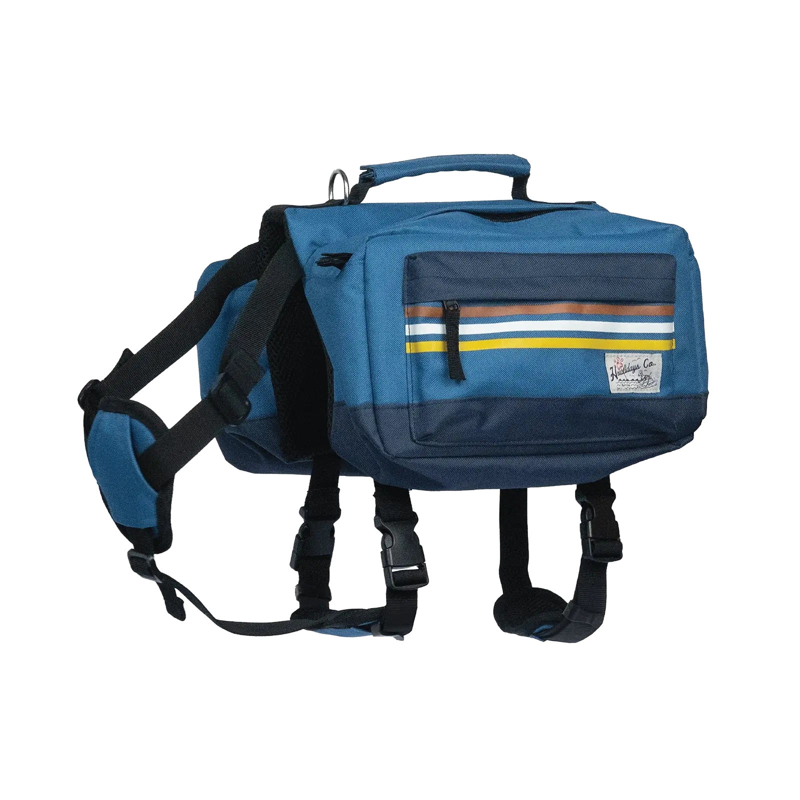 Vista a 45 graus de uma mochila resistente para cão, mostrando o design ergonómico e o ajuste seguro.