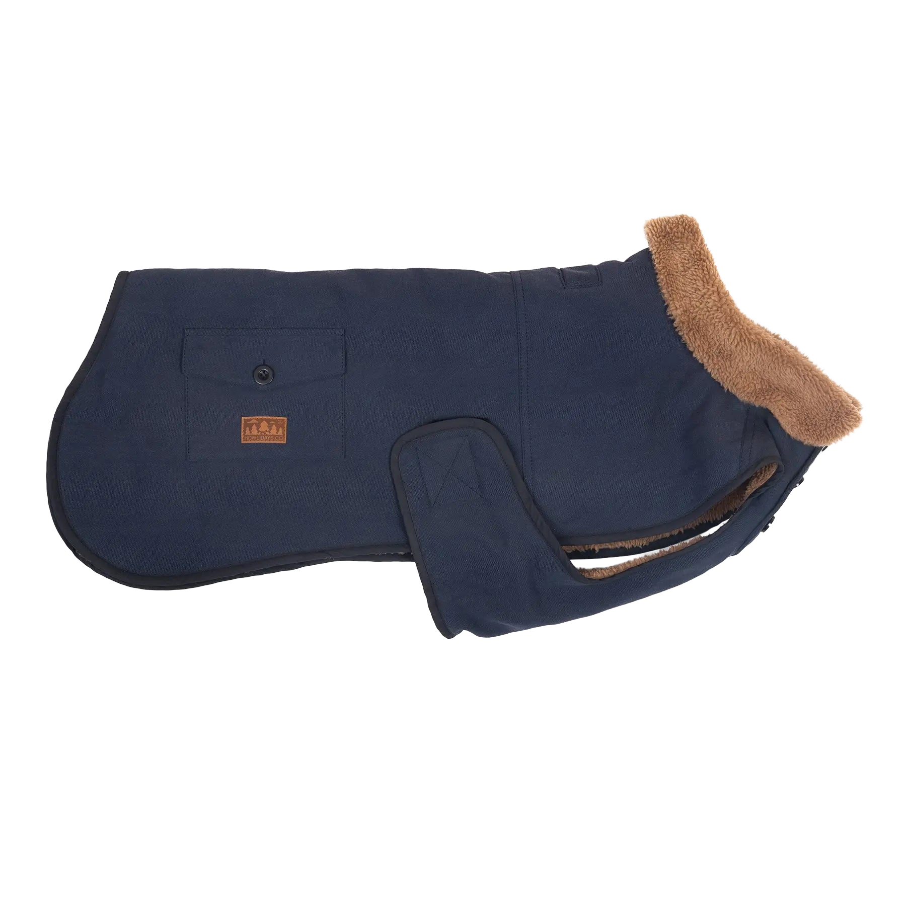 Vista lateral de um elegante casaco isolante para cão com fecho de velcro regulável para um ajuste seguro e confortável.