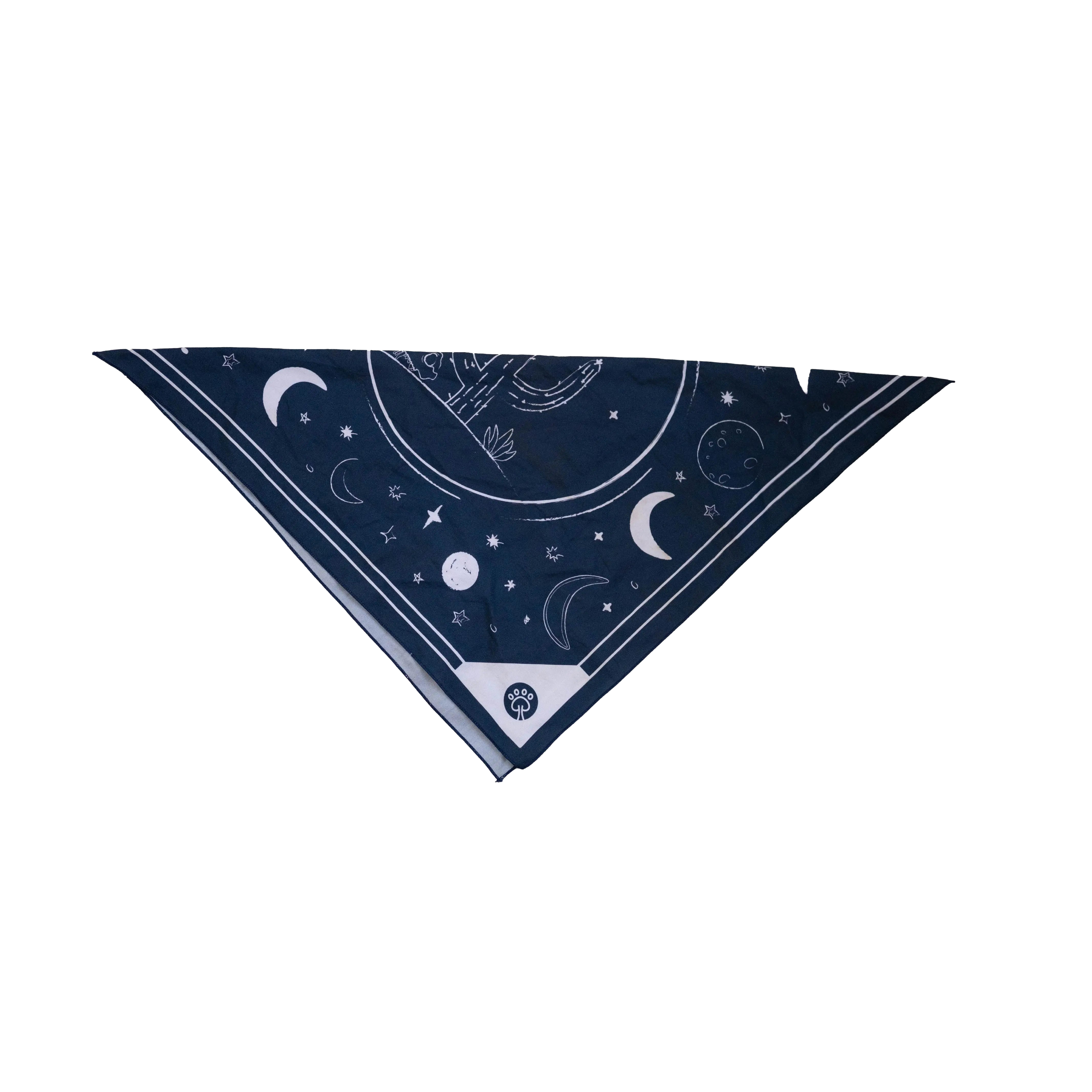 Bandana para cão Desert Night estendida, mostrando o logótipo e os detalhes do tecido.