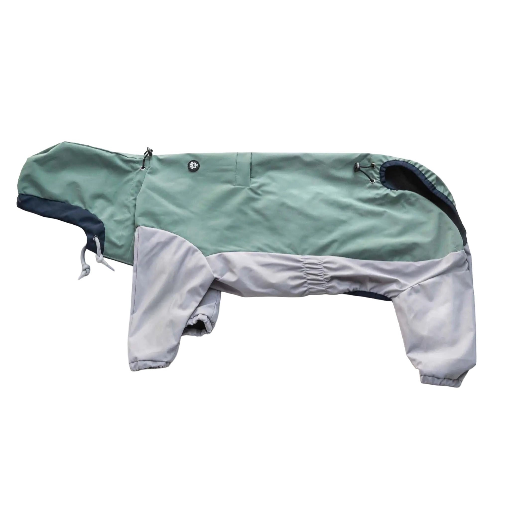 Side view of dog  raincoat, highlighting fit, coverage, and waterproof outdoor protection.